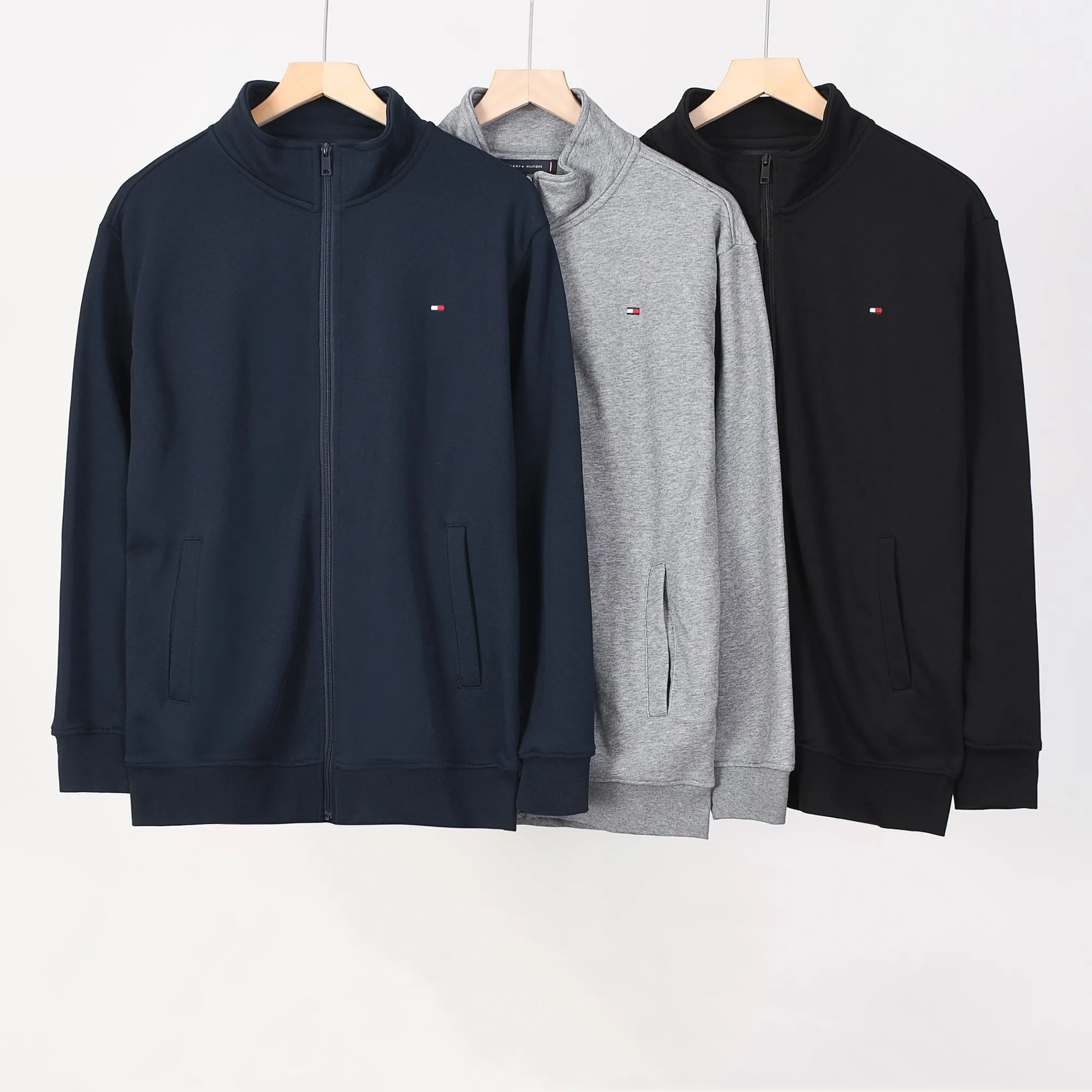 P220 802# Tommy zipper stand collar sweatshirt jacket Color: black gray royal blue Size: M-XXL Fabric: 350g cotton terry